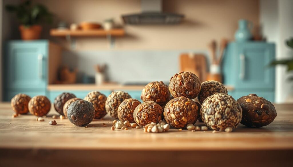 A meticulously arranged still life showcasing an assortment of delectable energy bites against a backdrop of warm, earthy tones. In the foreground, the nutrient-dense treats are artfully composed, their vibrant hues and textures captured in exquisite detail. The middle ground features a sleek, minimalist kitchen counter, its wooden surface complemented by light blue accents that create a calming, inviting atmosphere. The background is a softly lit, cozy environment, with subtle hints of natural light filtering through, lending a sense of comfort and tranquility to the scene. The overall composition conveys a harmonious balance of health, nutrition, and a touch of indulgence, perfectly suited to illustrate the 