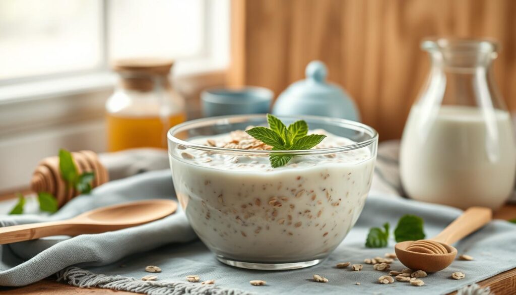 A meticulously arranged still life showcasing the perfect milk-to-oats ratio for an overnight oats recipe. In the foreground, a glass bowl filled with a creamy, oat-studded mixture, the ideal texture and consistency achieved through a harmonious blend of fresh oats and just the right amount of cool, velvety milk. Surrounding the bowl, an assortment of complementary elements - a wooden spoon, a sprig of fresh mint, a drizzle of honey, all set against a backdrop of warm wooden textures and soft, muted blue accents that evoke a cozy, inviting kitchen atmosphere. Soft, natural lighting casts a gentle glow, highlighting the delicate balance of ingredients and the overall appeal of this simple yet nourishing dish.