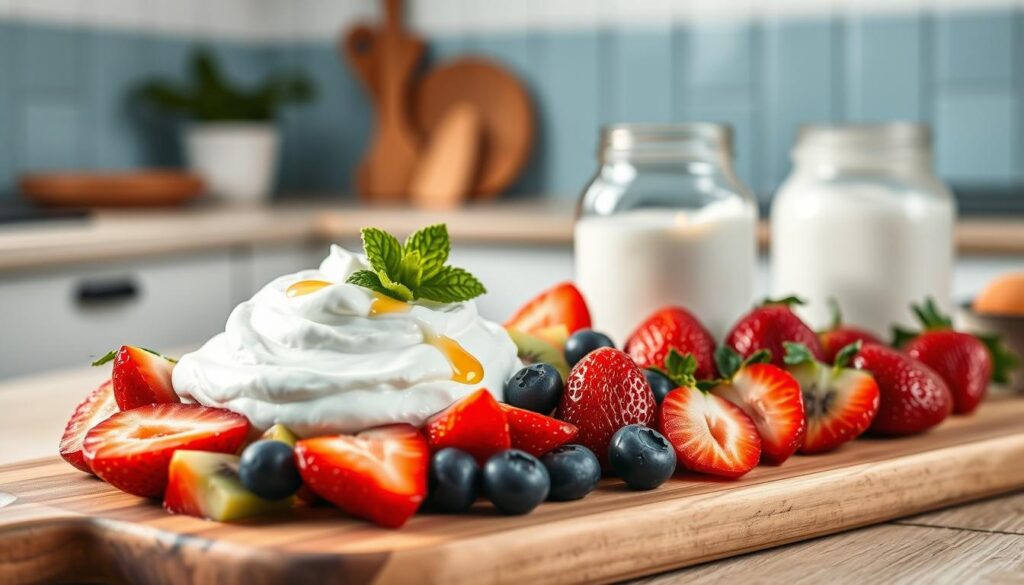 A meticulously crafted scene of homemade Greek yogurt recipes. In the foreground, a wooden cutting board showcases an array of fresh, vibrant fruits such as sliced strawberries, kiwi, and blueberries, complemented by a generous dollop of creamy, tangy Greek yogurt. The middle ground features a glass jar filled with the smooth, luscious yogurt, accompanied by a sprig of mint and a drizzle of golden honey. In the background, a minimalist kitchen setting with light blue accent walls and natural wooden textures evokes a sense of warmth and simplicity. Soft, diffused lighting casts a gentle glow, while the composition is framed by a clean, uncluttered aesthetic, emphasizing the delectable and nutritious nature of these homemade Greek yogurt recipes.
