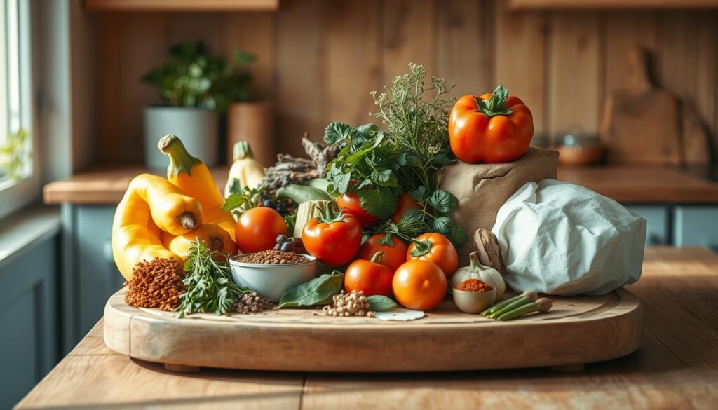 A meticulously curated still life showcasing the art of creative meal assembly. In a cozy, minimal kitchen with warm wooden textures and light blue accents, a variety of fresh ingredients are artfully arranged on a rustic wooden surface. Vibrant vegetables, fragrant herbs, and an array of spices come together in a harmonious composition, inviting the viewer to imagine the flavorful possibilities. Soft, directional lighting casts gentle shadows, adding depth and dimension to the scene. The absence of hands emphasizes the thoughtful, deliberate nature of the display, encouraging the observer to appreciate the simple beauty of these everyday elements.