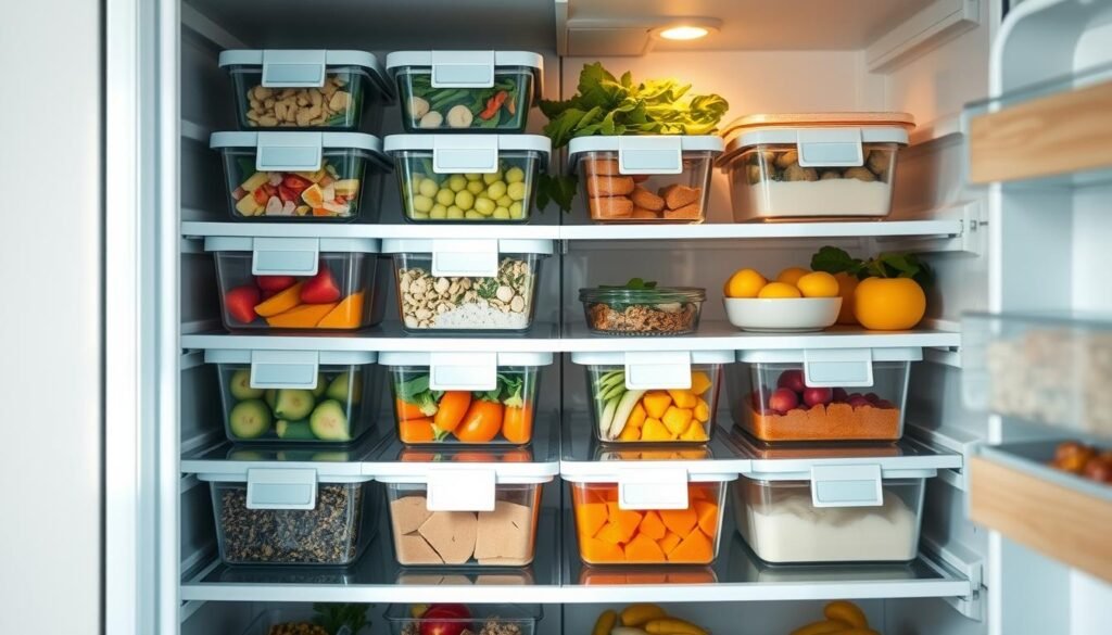 A meticulously organized meal prep fridge, with clear glass containers neatly stacked and labeled, showcasing a variety of freshly prepared breakfast components. The shelves are illuminated by soft, natural lighting, casting a warm glow on the vibrant produce and colorful ingredients. The fridge's interior is adorned with wooden accents and light blue hues, creating a cozy, minimal ambiance that exudes efficiency and intentionality. Vegetables, fruits, yogurt, and other nutrient-dense items are carefully arranged, inviting the viewer to envision a harmonious morning routine of nourishing and portable breakfasts.