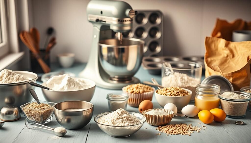 A meticulously organized setup of muffin baking essentials on a light blue wooden countertop. In the foreground, a mix of large and small mixing bowls, a set of measuring cups and spoons, and an array of colorful ingredients like flour, oats, eggs, and protein powder. In the middle ground, a stand mixer with its whisk attachment stands ready, surrounded by baking pans and a muffin tin. Warm, indirect lighting casts a soft glow, creating an inviting and focused atmosphere for the task at hand. The overall composition conveys a sense of preparedness and efficiency, perfectly suited for a bulk muffin prep session.