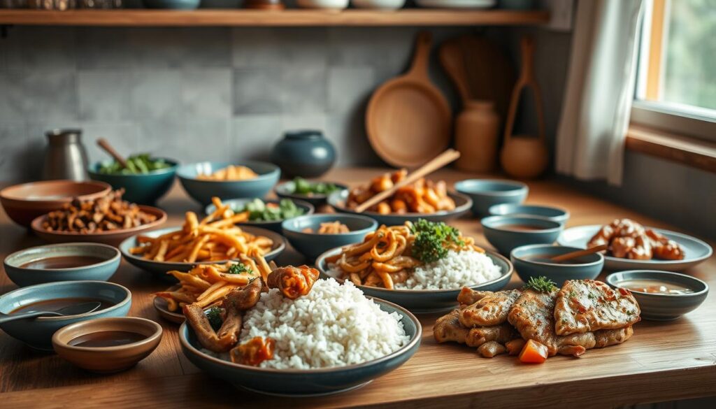 A meticulously prepared Asian-inspired meal prep spread is laid out on a wooden kitchen counter, illuminated by soft natural light filtering through a window. An array of fragrant dishes fills the frame - steaming rice, savory stir-fried vegetables, tender grilled chicken, and aromatic sauces. Minimalist blue ceramic bowls and plates complement the earthy tones, creating a harmonious, appetizing display. The composition captures the rich flavors and vibrant colors of authentic Asian cuisine, inviting the viewer to savor the nourishing, home-cooked meal.