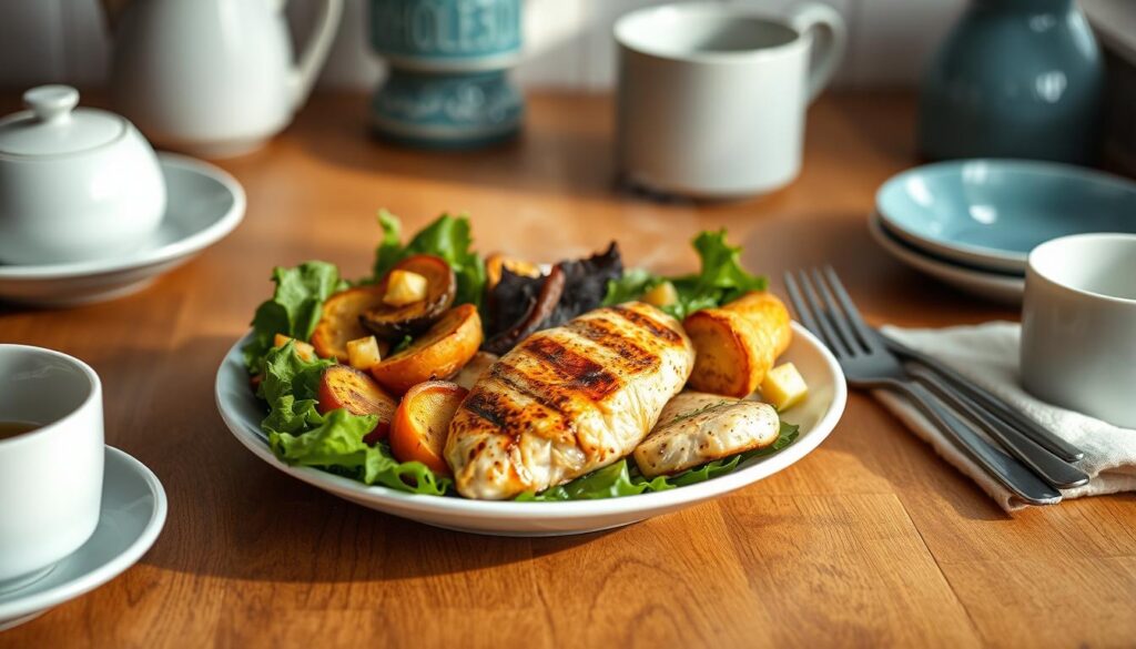 A meticulously prepared Whole30 compliant meal lay upon a wooden kitchen countertop, surrounded by clean white dishes and minimalist blue-accented decor. The steaming plate showcases a balanced arrangement of grilled chicken, roasted vegetables, and fresh leafy greens, radiating a sense of wholesome nutrition. Warm, natural lighting casts a soft glow, accentuating the vibrant colors and textures of the high-protein, clean-eating dish. The scene conveys the benefits of Whole30 meal prep - nourishing, satisfying, and effortlessly supporting a healthy lifestyle.