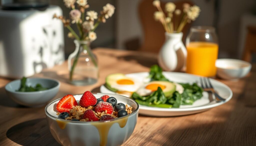 A meticulously prepared healthy breakfast spread, showcasing a variety of nutrient-dense recovery foods. In the foreground, a bowl of Greek yogurt topped with fresh berries, granola, and a drizzle of honey, casting warm shadows. In the middle ground, a plate of scrambled eggs with sautéed spinach and avocado slices, complemented by a glass of freshly squeezed orange juice. The background features a rustic wooden table, with a vase of wildflowers and a minimalist kitchen appliance adding to the cozy, natural ambiance. Soft, indirect lighting illuminates the scene, creating a sense of nourishment and well-being.