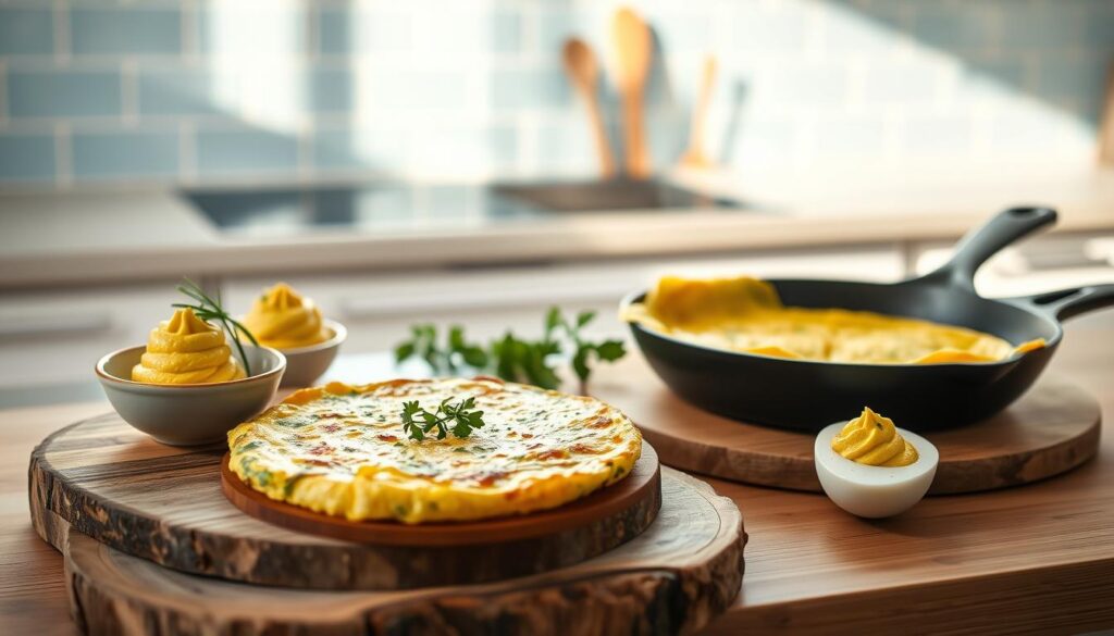 A meticulously styled still life showcasing a variety of egg-centric keto-friendly dishes. In the foreground, a rustic wooden board displays a perfectly cooked frittata, garnished with fresh herbs. Beside it, a small bowl of creamy avocado deviled eggs, their vibrant yolks glistening. In the middle ground, a cast-iron skillet sizzles with a fluffy omelet, its edges slightly golden. The background features a minimalist kitchen counter with a light blue tile backsplash, adding a touch of elegance. Natural light filters in, casting a warm, inviting glow over the scene. The overall mood is one of simplicity, nourishment, and culinary delight.