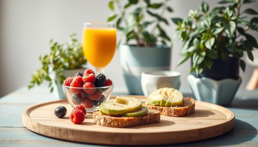 A minimalist breakfast tableau showcased on a wooden table with light blue accents. At the center, an array of healthy morning staples - a bowl of fresh berries, a glass of orange juice, a slice of whole-grain toast with a dollop of creamy avocado. Surrounding the spread, lush greenery in potted plants, casting soft, natural light across the scene. The composition is balanced and inviting, highlighting the nutritional benefits of a low-sugar, calorie-conscious breakfast. A serene, lifestyle-oriented ambiance pervades the frame, emphasizing the wellness and weight management advantages of this mindful meal.