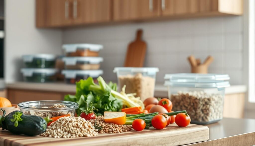A minimalist, budget-friendly kitchen scene featuring a neatly organized meal prep station. In the foreground, a wooden cutting board with a variety of fresh vegetables, grains, and proteins ready for assembly. In the middle ground, simple glass storage containers in shades of blue and white, neatly stacked and labeled. The background showcases a light-filled, airy space with natural wood cabinetry and a tiled backsplash. Soft, natural lighting highlights the tranquil, efficient atmosphere, conveying a sense of calm productivity ideal for time-saving meal prep.