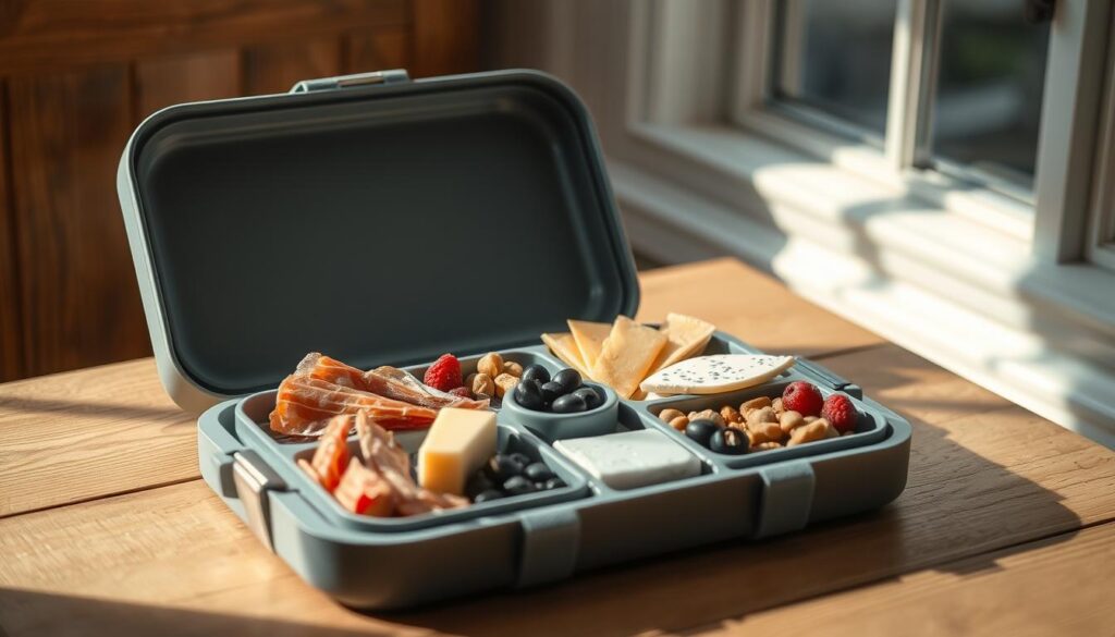 A minimalist cheese board lunch box rests on a wooden surface, its compartments filled with a thoughtful selection of artisanal cheeses, cured meats, olives, and fresh berries. Soft natural light filters through a nearby window, casting a warm glow on the scene. The wooden textures and light blue accents create a cozy, inviting atmosphere, inviting the viewer to imagine unpacking this carefully curated lunchtime treat.