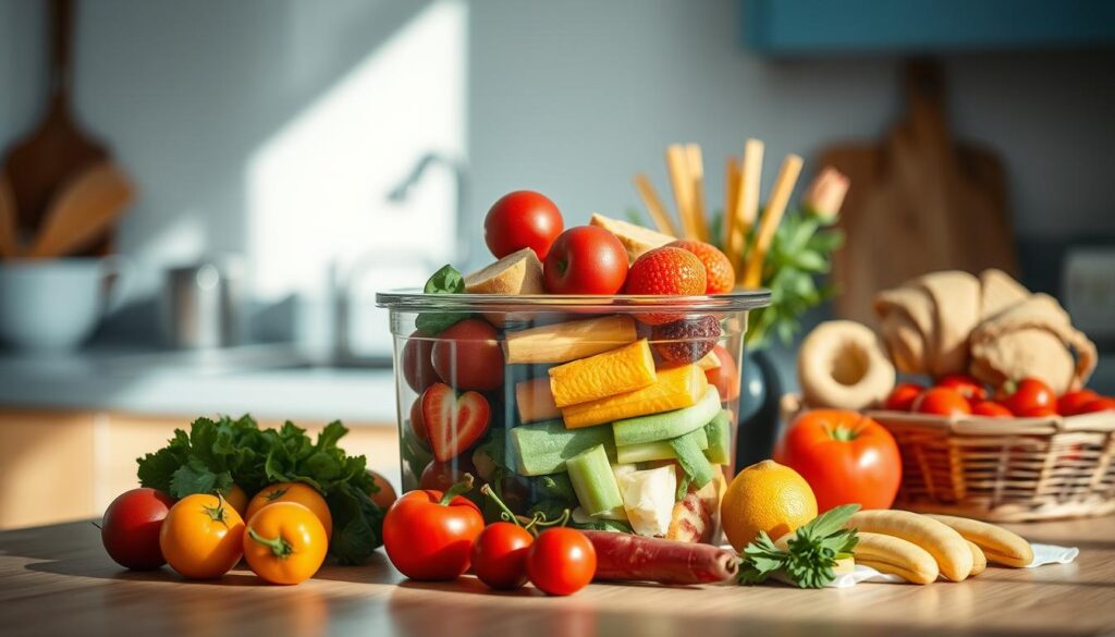 A minimalist kitchen counter showcases a variety of fresh breakfast ingredients, including ripe fruits, crisp vegetables, and artisanal bread, all bathed in soft, natural lighting. A glass food storage container takes center stage, its contents preserved in pristine condition, embodying the importance of keeping breakfast staples fresh. The scene conveys a sense of culinary inspiration and a commitment to nourishing meals, set against a backdrop of warm wooden tones and gentle blue accents, creating a calming, inviting atmosphere.