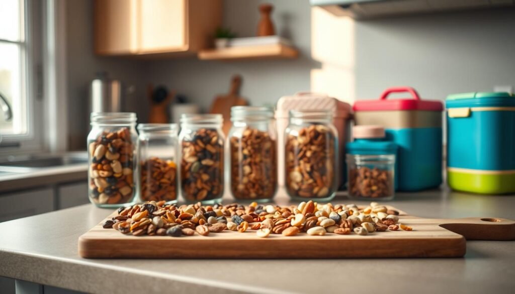 A minimalist kitchen counter showcases the evolution of no-heat lunch ideas. In the foreground, a wooden cutting board displays an array of trail mix ingredients - roasted nuts, dried fruits, and seeds. Midground, glass jars hold customized trail mix blends, each with distinct flavors and textures. In the background, a series of lunchboxes in varying styles, from sleek stainless steel to vibrant reusable containers, symbolize the diverse and practical no-heat lunch options. Soft, natural lighting filters through a window, casting a warm glow over the scene. The overall atmosphere conveys the simplicity, creativity, and versatility of no-heat lunch solutions.