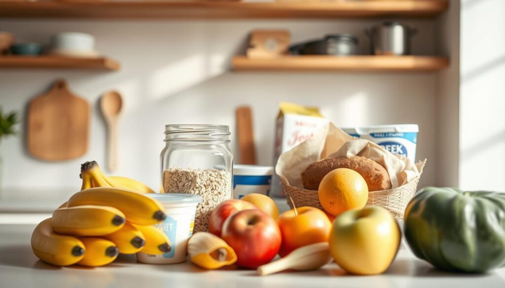A minimalist kitchen counter with a selection of budget-friendly breakfast ingredients artfully arranged. In the foreground, a variety of fresh produce such as bananas, apples, and whole grain bread. In the middle ground, a glass jar of oats, a carton of eggs, and a container of Greek yogurt. The background features wooden shelves with a few simple kitchen tools, all bathed in soft, natural lighting that casts gentle shadows. The overall scene conveys a sense of simplicity, healthfulness, and cost-consciousness.