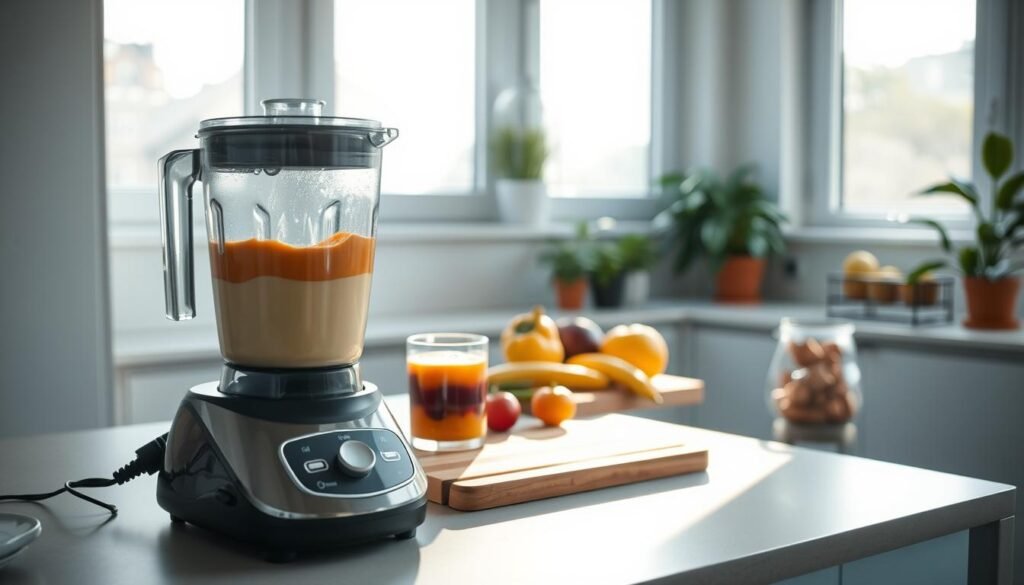 A minimalist kitchen counter with a wooden cutting board, glass containers, and an assortment of fresh fruits and vegetables. In the foreground, a blender is whirring, creating a vibrant, creamy smoothie, its layers of color swirling together. Sunlight filters through large windows, casting a warm, natural glow over the scene. The background features simple, light blue cabinetry and a few potted plants, creating a calming, inviting atmosphere. The overall mood is one of efficiency, nourishment, and a touch of morning tranquility.