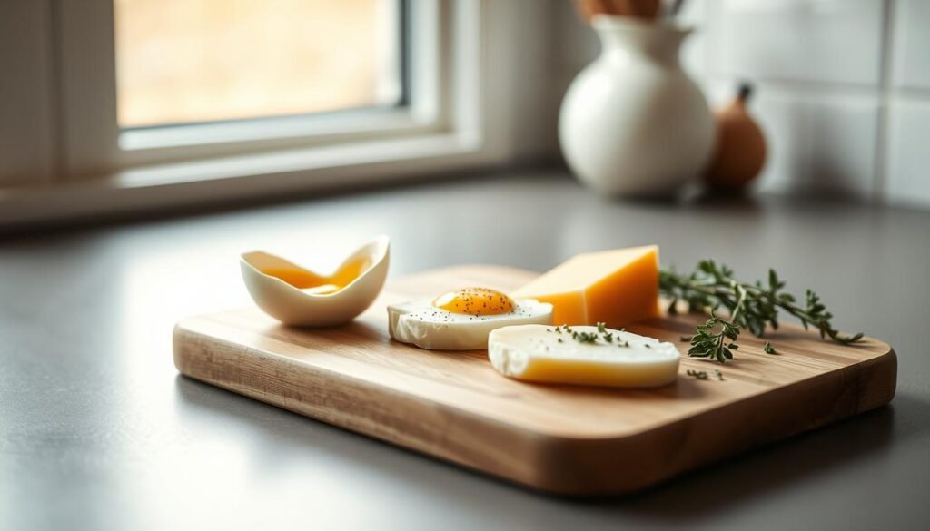 A minimalist kitchen counter with a wooden cutting board, neatly arranged with two freshly cracked eggs, slices of sharp cheddar cheese, and a sprinkle of herbs. The soft, warm lighting casts a comforting glow, creating an intimate, inviting atmosphere. The scene evokes a sense of effortless preparation, perfect for a quick and nourishing keto breakfast. The overall composition emphasizes simplicity, efficiency, and the natural flavors of the ingredients, embodying the essence of the "Streamline Your Morning Routine" section.