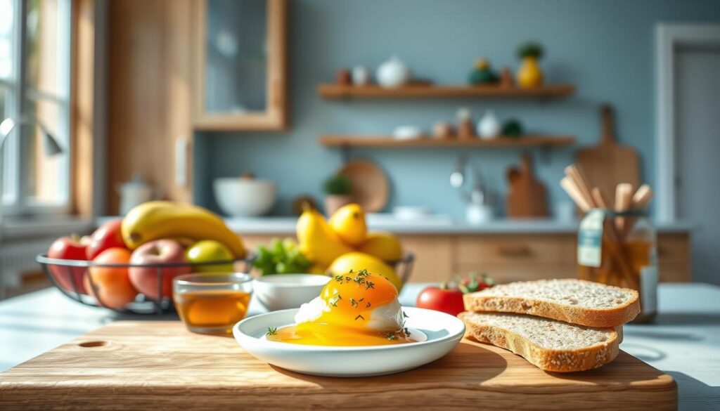 A minimalist kitchen filled with natural light, showcasing a visually appealing arrangement of various breakfast options. In the foreground, a wooden cutting board displays a selection of fresh fruits, whole grain toast, and a small bowl of honey. In the middle ground, a sleek white ceramic dish holds a perfectly cooked egg, accompanied by a sprinkling of herbs. The background features a light blue accent wall, complemented by the warm tones of the wooden cabinets and shelves, creating a calming and inviting atmosphere. The entire scene is captured with a soft, diffused lighting, highlighting the textures and colors of the ingredients, evoking a sense of simplicity and healthfulness.