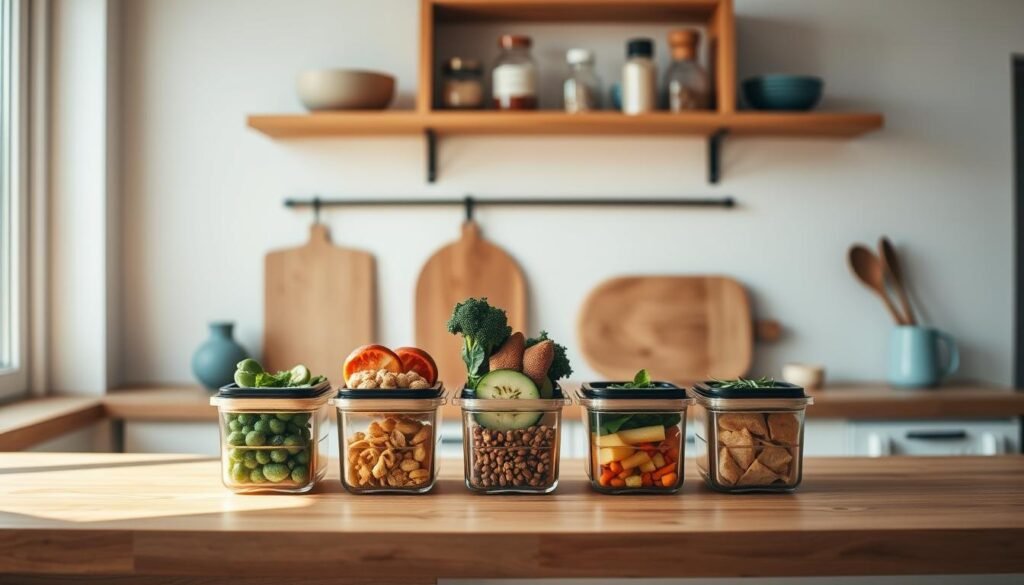 A minimalist kitchen interior in soft, natural light. On a wooden countertop, five glass meal prep containers arranged neatly, each filled with a balanced, colorful meal. Overhead, a few wooden shelves hold spices and cooking utensils. The scene conveys the benefits of a well-planned, five-day meal prep routine - convenience, nutrition, and a sense of organization. The atmosphere is calming, with muted blue accents complementing the warm wood tones. The composition draws the viewer's eye to the meal prep containers, the focal point of the image.