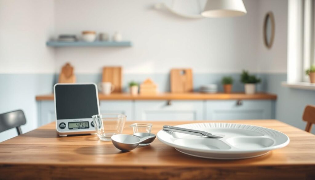 A minimalist kitchen interior with a wooden table, showcasing various protein portion measurement tools in the foreground - a digital food scale, a set of measuring cups and spoons, and a portion control plate. The background features light blue accents, such as a wall-mounted shelf and a hanging light fixture, creating a calming, inspirational atmosphere for meal prepping. The scene is illuminated by soft, natural lighting, accentuating the textures and details of the kitchen setting and the protein portion measurement items.