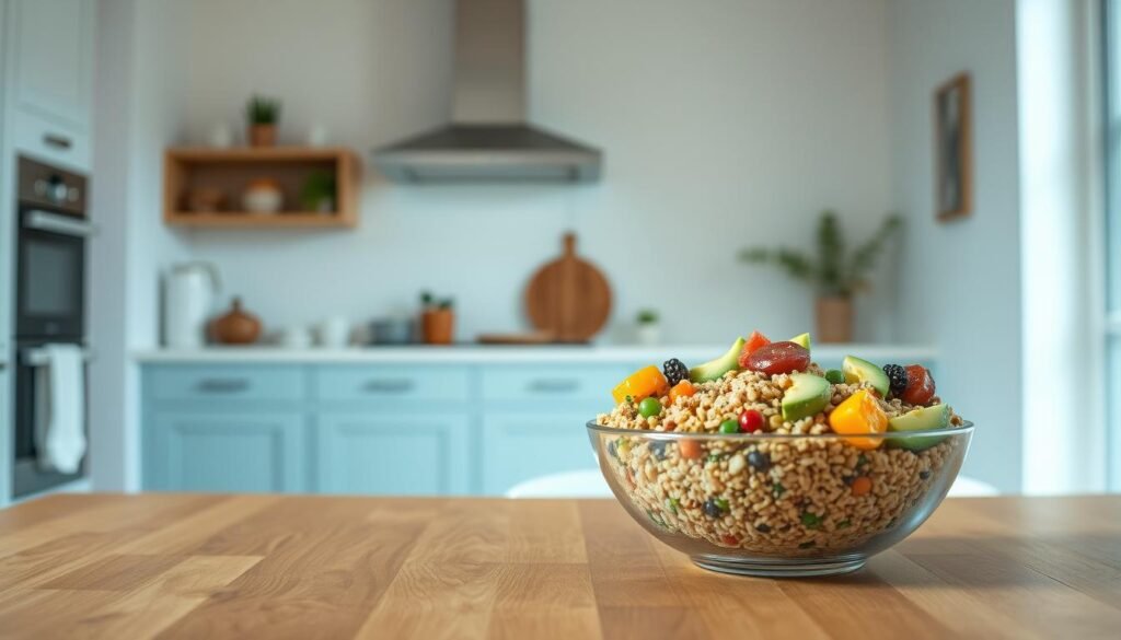 A minimalist kitchen interior with natural wooden textures and light blue accents. In the foreground, a wooden table displays an artfully arranged grain bowl with a variety of fresh ingredients, including quinoa, roasted vegetables, avocado, and a vibrant array of toppings. The lighting is soft and diffused, creating a cozy and inviting atmosphere. In the background, simple white walls and subtle decor elements complement the overall aesthetic. The composition emphasizes the visual appeal and nourishing qualities of this delicious grain bowl recipe, inspiring viewers to explore and prepare their own healthy meal prep options.
