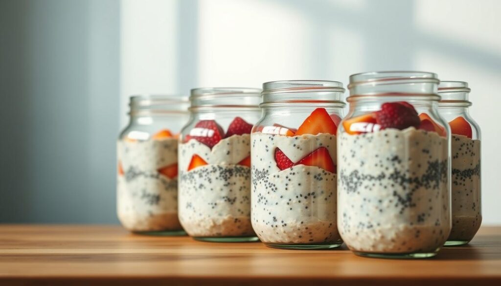 A minimalist kitchen scene showcases a row of mason jars filled with creamy overnight oats. The jars are arranged neatly on a wooden countertop, their contents visible through the clear glass. Soft, diffused lighting casts a warm glow, highlighting the layers of oats, chia seeds, and fresh fruit within. The background features a muted light blue wall, creating a calming, serene atmosphere. The overall composition conveys a sense of simplicity, organization, and healthy morning nourishment, perfectly suiting the 