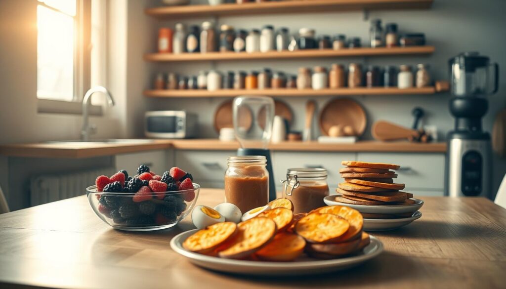 A minimalist kitchen scene, sunlight filtering through windows, illuminating a wooden table. Arranged in the foreground, an assortment of paleo-friendly breakfast items: a bowl of fresh berries, a platter of hard-boiled eggs, a jar of homemade nut butter, and a stack of baked sweet potato slices. The middle ground features a few small appliances, such as a blender and a coffee grinder, hinting at the meal prep process. In the background, shelves hold an array of spices, jars, and cooking essentials, all in a soothing color palette of light blues and natural wood tones. The overall mood is one of simplicity, organization, and wholesome nourishment.