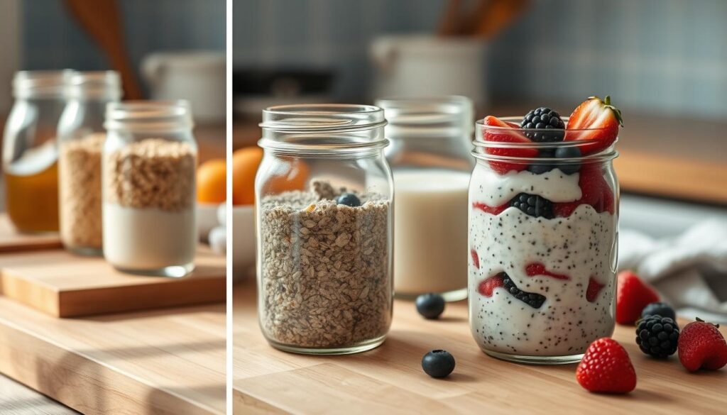 A minimalist kitchen setting with a wooden cutting board, glass jars, and fresh ingredients. A step-by-step visual guide for preparing overnight oats, with soft natural lighting and a serene, inviting atmosphere. The foreground showcases the layered ingredients - rolled oats, chia seeds, almond milk, and honey - in clear containers. The middle ground features a mason jar filled with the fully prepared overnight oats, garnished with fresh berries. The background subtly hints at the cozy, light blue-accented kitchen space. A clean, elegant composition that inspires healthy, satisfying meal preparation.