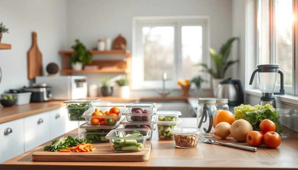 A minimalist kitchen with abundant light streaming through large windows, showcasing an array of meal prep containers, kitchen appliances, and fresh produce artfully arranged on a wooden countertop. A nearby cutting board displays chopped vegetables, while a blender and some Mason jars hint at smoothie-making. The overall atmosphere conveys a sense of efficiency and organization, capturing the essence of time-saving meal prep strategies for a busy workweek.