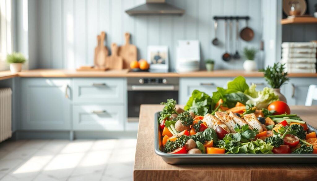 A minimalist kitchen with light blue accents and wooden textures, showcasing an artfully arranged spread of cooking inspiration. In the foreground, a sheet pan displays a visually compelling array of healthy, vibrant ingredients - fresh vegetables, herbs, and lean proteins. The middle ground features neatly organized recipe books and cooking utensils, hinting at the expertise of the culinary masters. Soft, natural lighting illuminates the scene, creating a warm, inviting atmosphere that exudes creativity and culinary knowledge. The overall composition conveys a sense of effortless elegance, inspiring the viewer to explore the one-pan cooking methods discussed in the article.