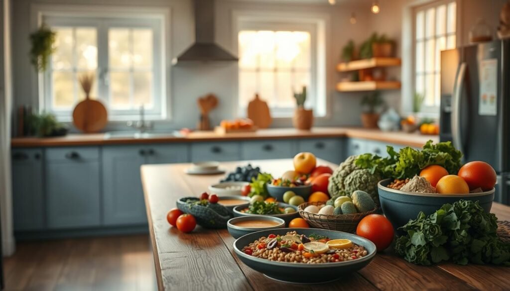 A minimalist kitchen with warm, natural lighting filters through large windows, casting a soft glow on a wooden table adorned with a vibrant display of seasonal produce. In the foreground, an assortment of colorful salads, soups, and grain bowls brimming with fresh ingredients lay artfully arranged, inviting the viewer to imagine the delicious, nourishing meals that could be crafted from these seasonal treasures. Muted blue accents and clean lines create a calming, focused atmosphere, perfect for fueling creative workday inspiration.