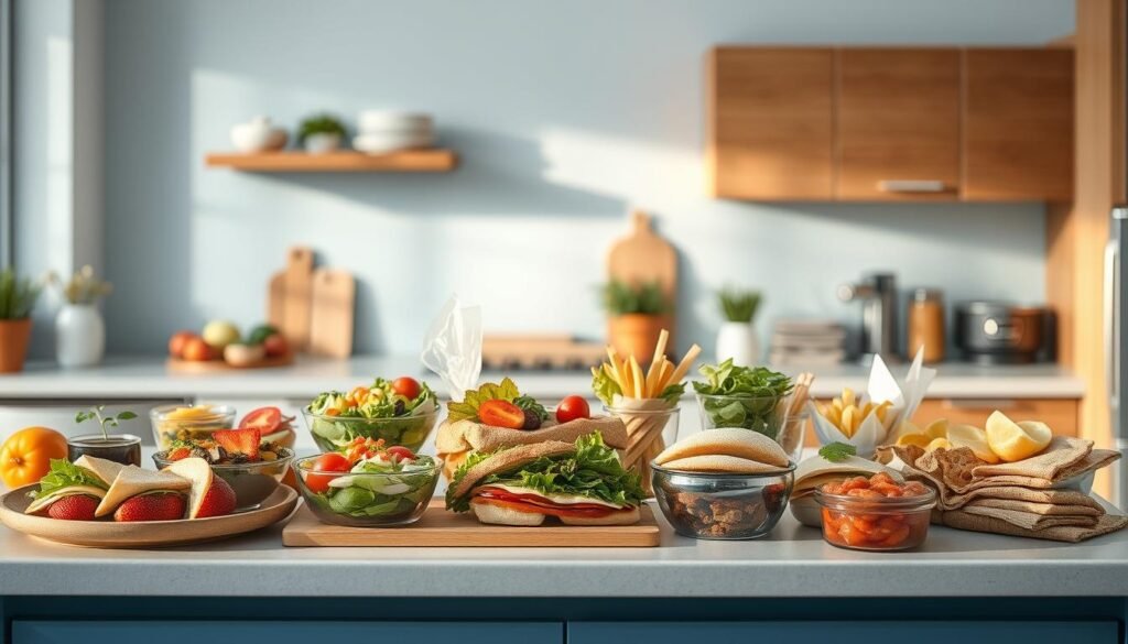 A minimalist kitchen with warm wooden accents and light blue hues sets the stage for an array of enticing cold lunch options. On the countertop, a selection of freshly prepared salads, sandwiches, and snacks are artfully arranged, their vibrant colors and textures inviting the viewer to imagine their delicious flavors. The lighting, soft and diffused, casts a gentle glow, evoking a sense of calm and relaxation. The scene conveys the benefits of no-heat lunch choices in the workplace - they are easy to prepare, space-saving, and offer a healthier alternative to traditional heated meals, all while providing a visually appealing and appetizing midday respite.