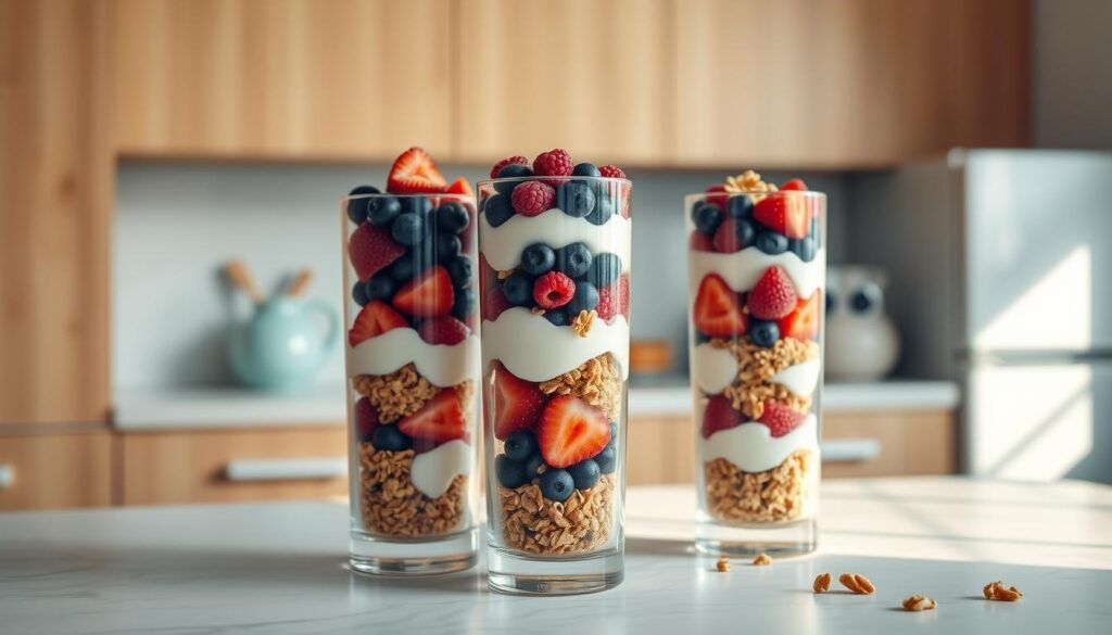 A minimalist kitchen with wooden textures and light blue accents. In the foreground, three tall glass parfait containers filled with layers of vibrant berries, creamy yogurt, and crunchy granola. The parfaits are artfully arranged on a white marble countertop, creating a visually appealing and appetizing scene. Soft, natural lighting from a nearby window casts a warm glow, highlighting the vibrant colors and textures of the breakfast parfaits. The background is clean and uncluttered, allowing the parfaits to be the focal point of the image.