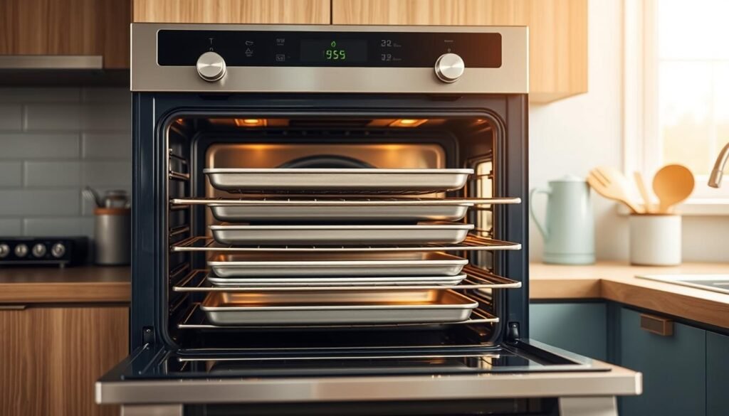 A minimalist, well-lit kitchen with warm wooden textures and light blue accents. In the foreground, a professional-grade oven with stainless steel racks and a sleek control panel. On the middle rack, an assortment of sheet pans in various sizes, ready to accommodate a range of baked meals. The oven's interior is illuminated, showcasing its even, efficient heating capabilities. In the background, a few simple kitchen utensils and appliances, highlighting the focus on the oven and baking equipment. The scene conveys a sense of culinary efficiency and ease, perfect for creating delicious make-ahead breakfast sheet pan meals.