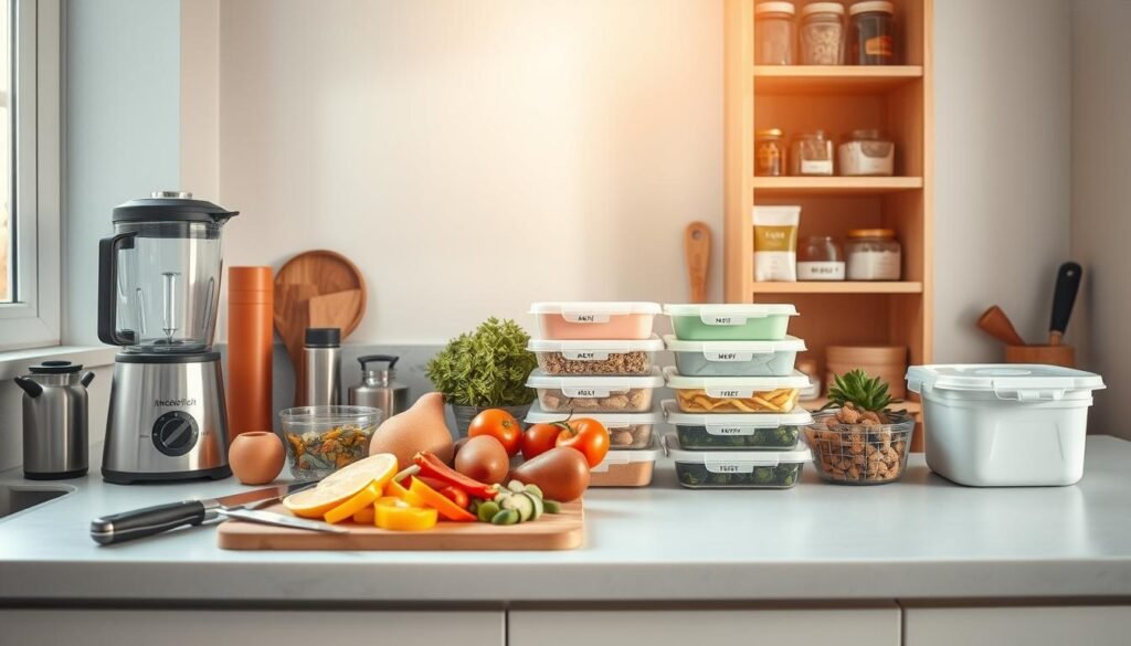 A minimalist, well-organized kitchen counter with various meal prep containers, fresh ingredients, and cooking utensils arranged neatly. Soft, natural lighting filters in through a window, casting a warm glow on the scene. In the foreground, a cutting board with sliced fruits and vegetables, complemented by a blender, a thermos, and a reusable water bottle. In the middle ground, meal prep containers in an array of pastel hues, each labeled with the day of the week. The background features a simple, wooden shelving unit displaying spices, dried goods, and other pantry staples. The overall atmosphere conveys a sense of efficiency, intentionality, and a commitment to nourishing, on-the-go nutrition.