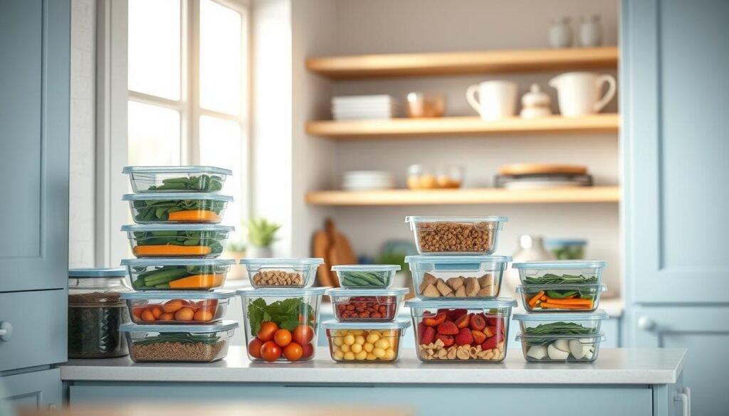 A minimalist, well-organized kitchen with light blue cabinets and wooden shelving displays an assortment of meal prep containers in various sizes and shapes. The containers are made of transparent glass or BPA-free plastic, showcasing the fresh, colorful ingredients within. The lighting is soft and natural, casting a warm glow across the scene. The containers are neatly stacked and arranged, indicating a thoughtful, efficient meal prep system. The overall atmosphere is one of simplicity, functionality, and a commitment to healthy eating.