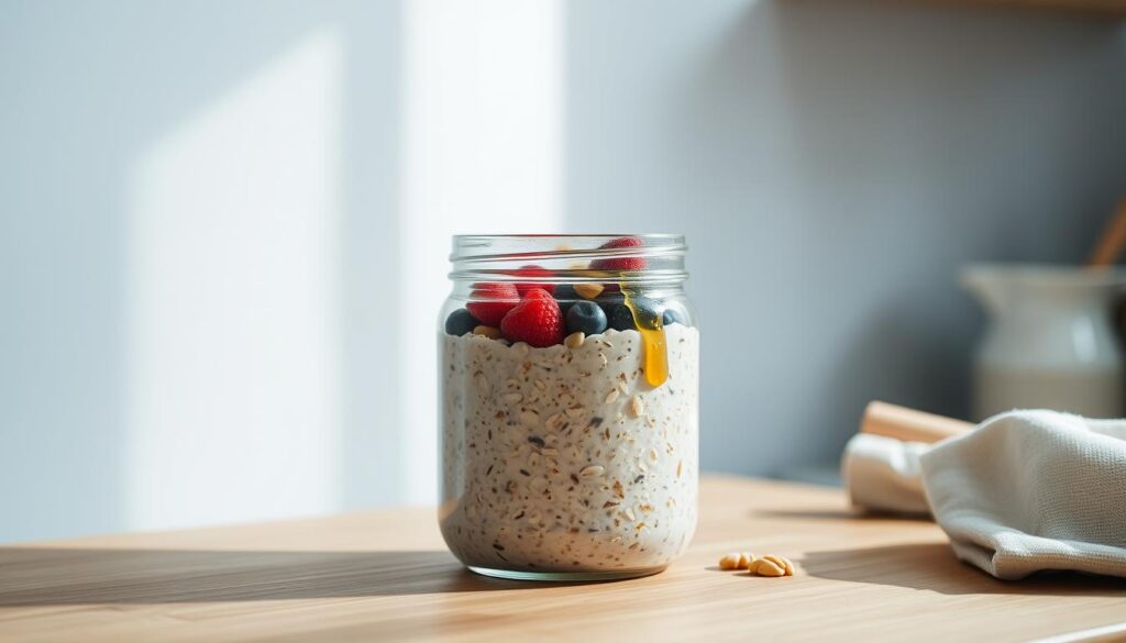 A minimalist, wooden kitchen counter with a glass storage container filled with overnight oats. The container is set against a light blue wall, creating a calming, natural atmosphere. Soft, diffused lighting from a nearby window illuminates the scene, casting gentle shadows. The oats are garnished with fresh berries, nuts, and a drizzle of honey, showcasing the delicious and nutritious result of the overnight oats preparation process. A simple, elegant setup that invites the viewer to savor and enjoy this wholesome breakfast.