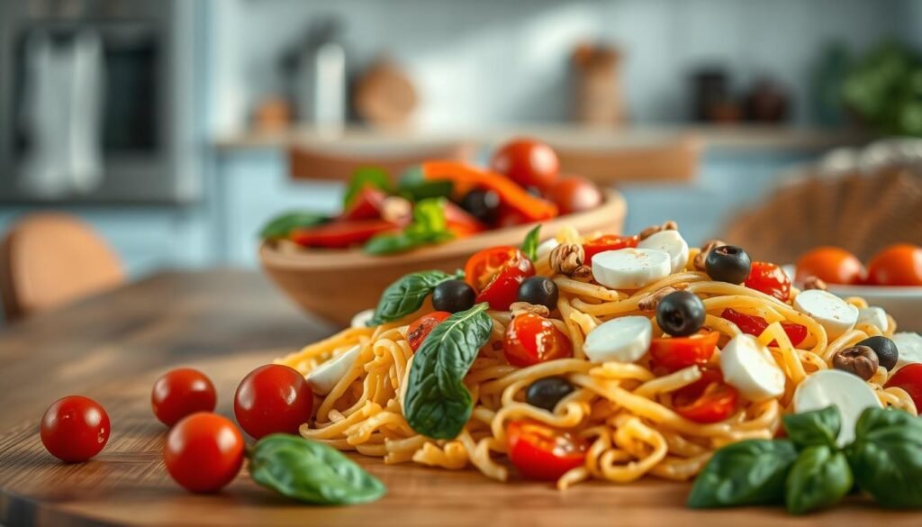 A modern Italian pasta salad artfully arranged on a wooden table, with vibrant colors and textures. In the foreground, a mix of al dente pasta, cherry tomatoes, fresh basil, and sliced mozzarella cheese. In the middle ground, roasted red peppers, kalamata olives, and toasted pine nuts add depth and flavor. The background features a cozy, minimal kitchen with light blue accents and warm wooden tones, creating a soothing, natural atmosphere. The scene is lit from the side, casting soft shadows and highlighting the fresh, inviting quality of the ingredients. The overall composition conveys a sense of effortless sophistication, perfect for a modern, health-conscious foodie's lunchbox.