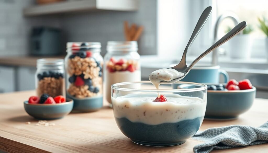 A modern, light-filled kitchen with a natural wooden table and blue ceramic bowls showcasing the easy overnight oats prep process. Glass jars filled with rolled oats, chia seeds, and berries stand ready on the counter. A spoon dips into a bowl, revealing the creamy, layered oat mixture soaked in a blend of milk and yogurt. Soft, diffused lighting illuminates the scene, highlighting the simple, wholesome ingredients and the straightforward steps to create a nourishing breakfast.