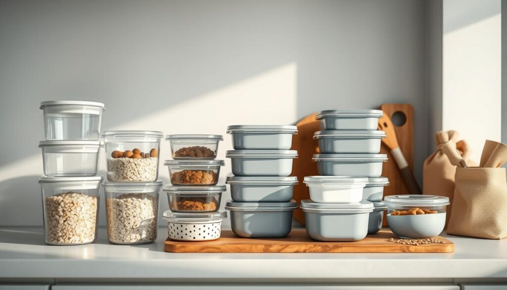 A modern, well-organized kitchen counter showcases an array of sleek meal prep containers in various sizes, shapes, and materials. Glass, stainless steel, and BPA-free plastic storage solutions in muted tones of blue, grey, and white are neatly arranged, ready to house delectable overnight oats and other keto-friendly meals. Soft, directional lighting from a pendant fixture casts a warm glow, complementing the wooden cutting board and natural fiber accessories that complete the minimalist, functional design. The overall scene exudes a sense of effortless organization and culinary preparedness.