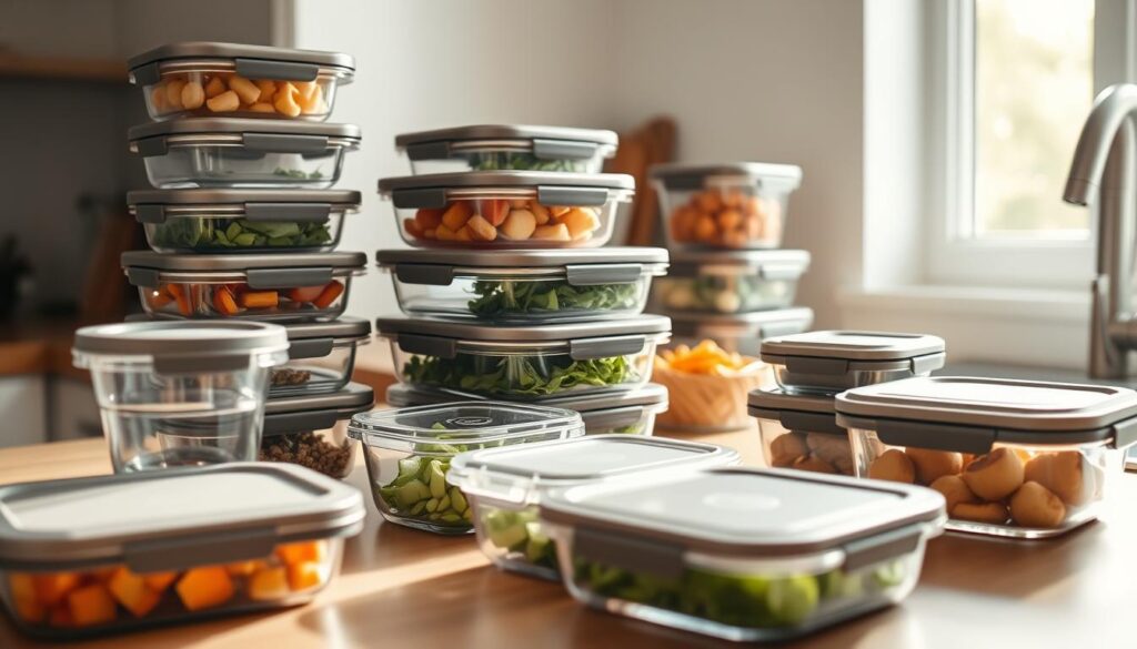 A modern, well-organized kitchen countertop showcases an array of stackable glass food storage containers, stainless steel bento boxes, and sleek silicone lids in muted tones. Bright natural light streams in, highlighting the clean lines and minimalist aesthetics of the meal prep setup. Various sizes of these efficient, airtight containers are neatly arranged, ready to hold a variety of prepped ingredients and portioned meals. The overall scene conveys a sense of order, productivity, and a streamlined approach to meal planning and preparation.