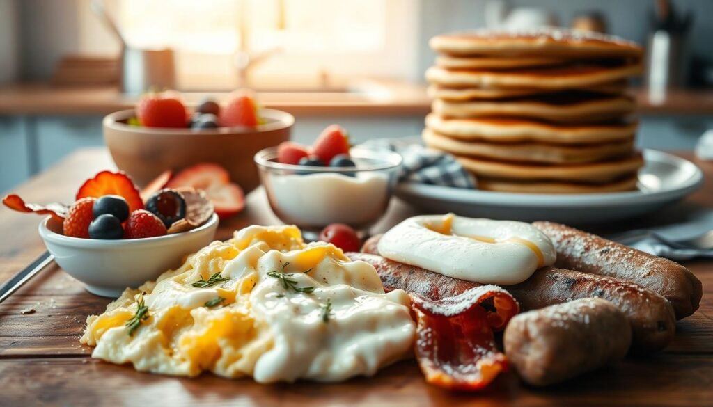 A mouth-watering assortment of protein-rich breakfast items arranged on a rustic wooden table, bathed in warm, natural lighting. In the foreground, scrambled eggs with fresh herbs, accompanied by slices of crisp bacon and savory sausage patties. Alongside, a small bowl of creamy Greek yogurt topped with juicy berries and a drizzle of honey. In the middle ground, a stack of fluffy whole-grain pancakes, lightly dusted with powdered sugar. The background features a minimal, bright kitchen with light blue accents, highlighting the simplicity and nourishment of this refrigeration-free, travel-friendly breakfast.