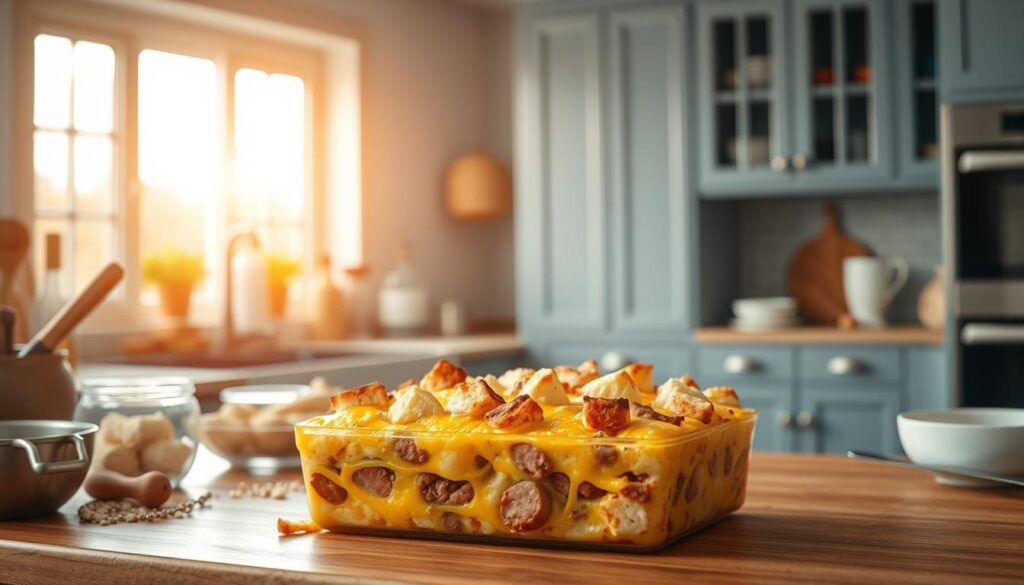 A mouth-watering freezer-friendly breakfast casserole sits prominently on a wooden kitchen counter, surrounded by various baking ingredients and kitchen tools. Soft, golden-brown egg custard encapsulates savory sausage, melted cheese, and fluffy bread chunks. Warm lighting from a large window casts a cozy glow, highlighting the casserole's layers and textures. In the background, a minimalist kitchen with light blue cabinetry and natural wood accents creates an inviting, homey atmosphere, perfectly complementing the hearty, make-ahead breakfast dish.