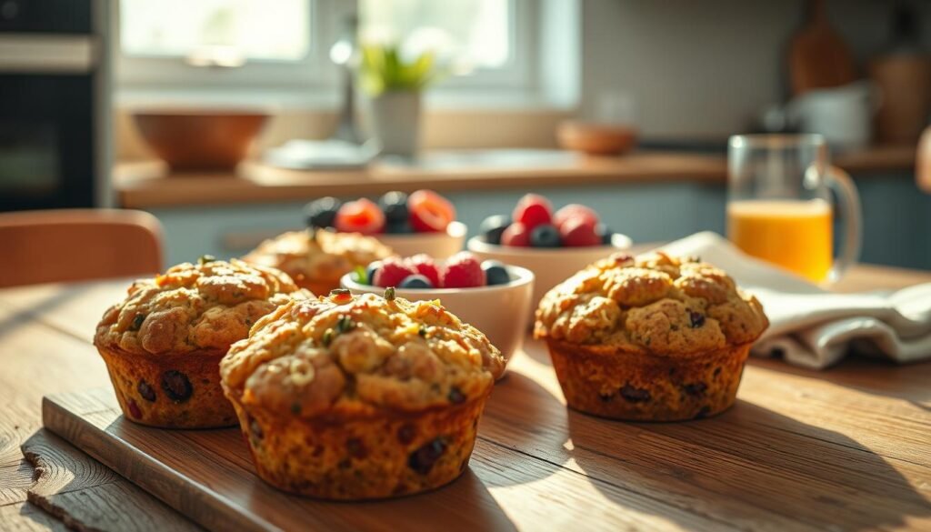 A mouthwatering arrangement of savory breakfast bites on a rustic wooden table, bathed in warm, natural light. In the foreground, fluffy protein-packed muffins, their tops adorned with flecks of cheese and herbs. In the middle ground, a small ceramic bowl overflows with fresh berries, their vibrant hues complementing the earthy tones. In the background, a glass of chilled juice and a simple white linen napkin, all set against the backdrop of a cozy, minimal kitchen with light blue accents and natural wooden textures.