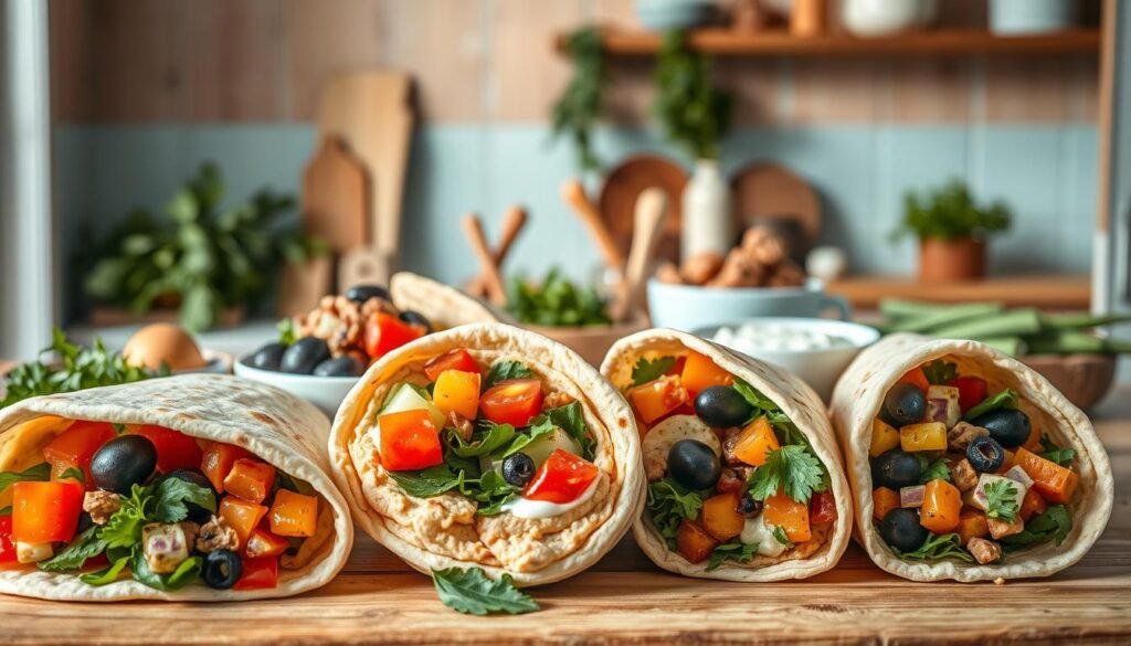 A mouthwatering array of Mediterranean wraps and pitas, meticulously crafted with fresh ingredients. In the foreground, crisp flatbreads and soft pitas are filled with a vibrant blend of marinated vegetables, creamy hummus, and tangy tzatziki. The middle ground showcases an assortment of Mediterranean herbs, spices, and olives, creating a rustic, earthy ambiance. The background features a cozy, minimalist kitchen with wooden textures and light blue accents, setting a warm, inviting tone. Soft, directional lighting casts gentle shadows, accentuating the textures and colors of the scene. The overall atmosphere is one of simple, wholesome Mediterranean cuisine, perfect for a nourishing, no-heat lunchbox meal.