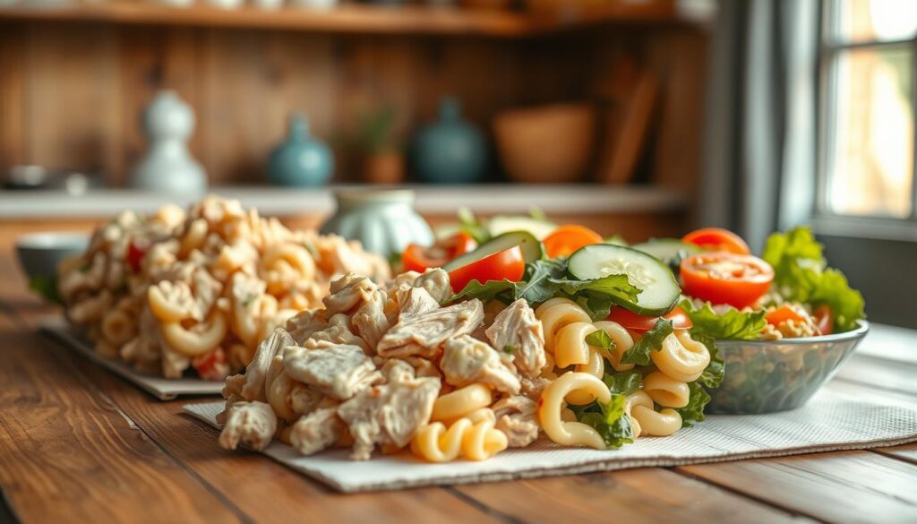A mouthwatering spread of chicken pasta egg salads, artfully arranged on a rustic wooden table. In the foreground, tender pieces of rotisserie chicken, glistening with a light coating of creamy mayo dressing, are nestled alongside fluffy pasta salad and perfectly cooked hard-boiled eggs. The middle ground features a vibrant mix of leafy greens, cherry tomatoes, and crunchy cucumber slices, adding a refreshing contrast. Subtle light blue accents, such as a decorative vase or placemat, create a soothing, minimal ambiance in the cozy kitchen setting. Warm, natural lighting filters in, casting a gentle glow and highlighting the delectable textures and colors of this nourishing, office-friendly lunchbox meal.