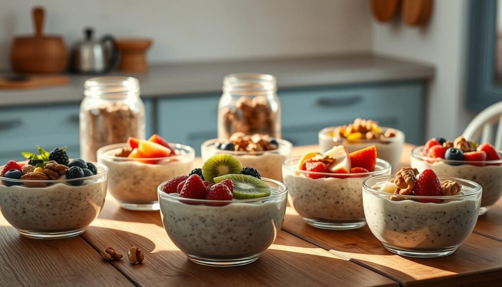 A mouthwatering variety of overnight oats bowls arrayed on a rustic wooden table, bathed in warm, natural lighting. Creamy overnight oats in shades of beige, decorated with vibrant toppings like fresh berries, sliced kiwi, roasted nuts, and a drizzle of honey. A stack of mason jars filled with different flavor combinations stands in the background, their contents visible through the glass. Soft shadows cast by the ingredients create depth and dimension, while the minimalist kitchen setting with light blue accents provides a cozy, inviting atmosphere.