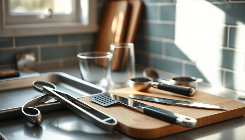 A neatly arranged array of essential tools for one-pan cooking, bathed in soft, natural light filtering through a window. In the foreground, a high-quality baking sheet, stainless steel tongs, and a sturdy silicone spatula. In the middle ground, a glass measuring cup, a set of metal measuring spoons, and a sharp chef's knife resting on a light wooden cutting board. In the background, a minimalist tile backsplash in a soothing shade of blue, complementing the warm, inviting atmosphere of the cozy kitchen.