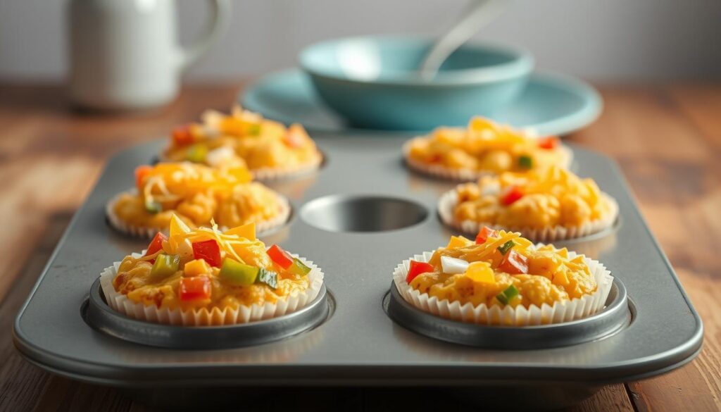 A neatly arranged array of freshly baked muffin tin breakfast cups, their golden-brown crusts glistening under soft, diffused lighting. The cups are filled with a vibrant scrambled egg mixture, accented with diced bell peppers, onions, and a sprinkle of shredded Mexican cheese. The background features a rustic wooden table with a light blue ceramic plate, complementing the warm, inviting atmosphere of a cozy, minimal kitchen. The scene radiates the comforting aroma of a homemade Mexican-inspired breakfast, ready to be grabbed and enjoyed on the go.