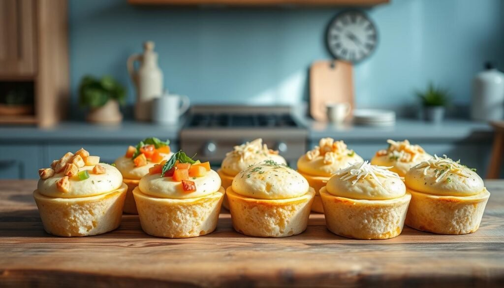 A neatly arranged array of perfectly shaped egg white muffins, each with a distinct variation - some topped with diced vegetables, others infused with aromatic herbs, and a few sprinkled with shredded cheese. The muffins are displayed on a rustic wooden table, against a backdrop of light blue walls and minimalist kitchen decor. Soft, natural lighting casts a warm glow, highlighting the fluffy, golden-brown texture of the muffins. The scene conveys a sense of effortless creativity and invites the viewer to imagine the delicious customization possibilities for a wholesome, protein-rich breakfast.