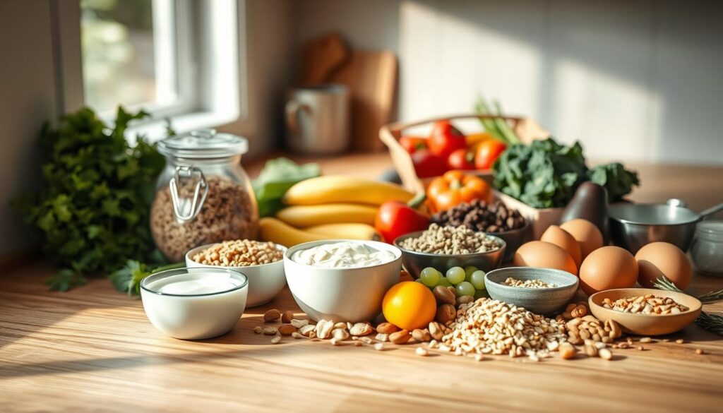 A neatly arranged assortment of breakfast meal prep components on a wooden countertop, including a variety of fresh produce, whole grains, eggs, yogurt, and chopped nuts. The scene is illuminated by soft, diffused natural light filtering through a nearby window, creating a warm, inviting atmosphere. The layout is visually appealing, with the ingredients thoughtfully positioned to suggest endless possibilities for mixing and matching to create nutritious, customizable breakfast bowls or plates. The overall mood is one of simplicity, organization, and culinary inspiration.