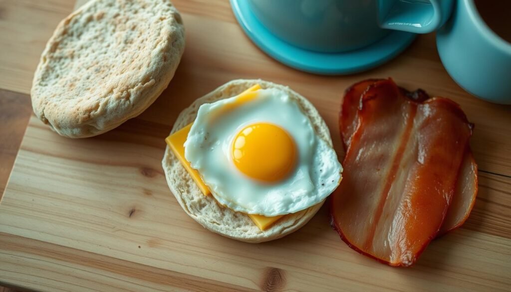 A neatly arranged assortment of breakfast sandwich components: an English muffin split in half, a fried egg, a slice of melty cheddar cheese, and a crisp round of seared Canadian bacon, all captured in an overhead view against a backdrop of warm wooden surfaces and light blue accents, bathed in soft, diffused natural lighting, conveying a cozy, minimalist kitchen atmosphere.