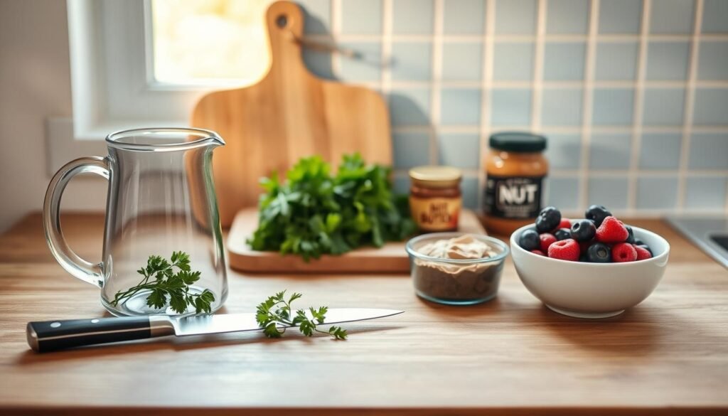 A neatly arranged assortment of essential no-cook kitchen tools and ingredients rests on a wooden countertop. In the foreground, a sleek glass pitcher, a sharp chef's knife, and a bundle of fresh herbs cast soft shadows. In the middle ground, a cutting board, a jar of nut butter, and a bowl of fresh berries sit in a harmonious composition, bathed in warm, natural light filtering through a nearby window. The background features a minimalist, light blue tile backsplash, creating a calming, serene atmosphere for this collection of simple, nutritious meal prep essentials.